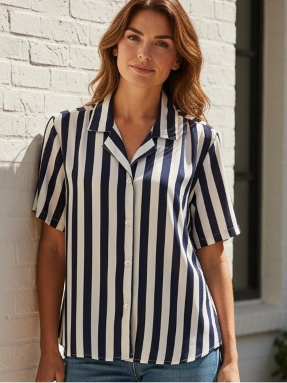70s IMPRESSIONS DARK NAVY & CREAM STRIPED SHORT SLEEVE NAUTICAL BLOUSE SZ 10
